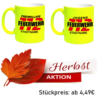 Herbst Aktion Neongelbe Feuerwehr Tasse FW2502 inkl. Wunschtext