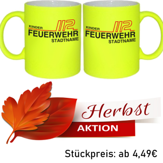 Herbst Aktion Neongelbe Feuerwehr Tasse FW1900 inkl. Wunschtext